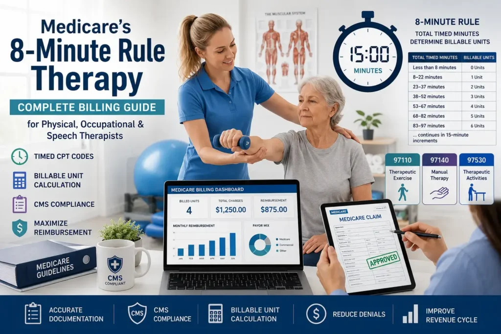 Healthcare professionals using Medicare's 8-Minute Rule Therapy to calculate billable units for physical, occupational, and speech therapy services.