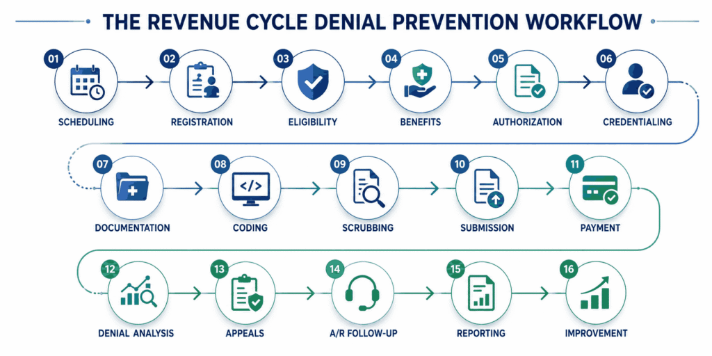 The Revenue Cycle Denial Prevention Workflow

Scheduling → Registration → Eligibility → Benefits → Authorization → Credentialing → Documentation → Coding → Scrubbing → Submission → Payment → Denial Analysis → Appeals → AR Follow-up → Reporting → Improvement