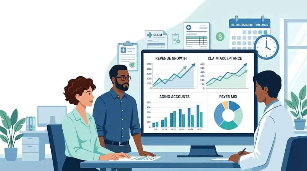 Medical billing KPI dashboard showing revenue cycle metrics for healthcare practices in 2026"