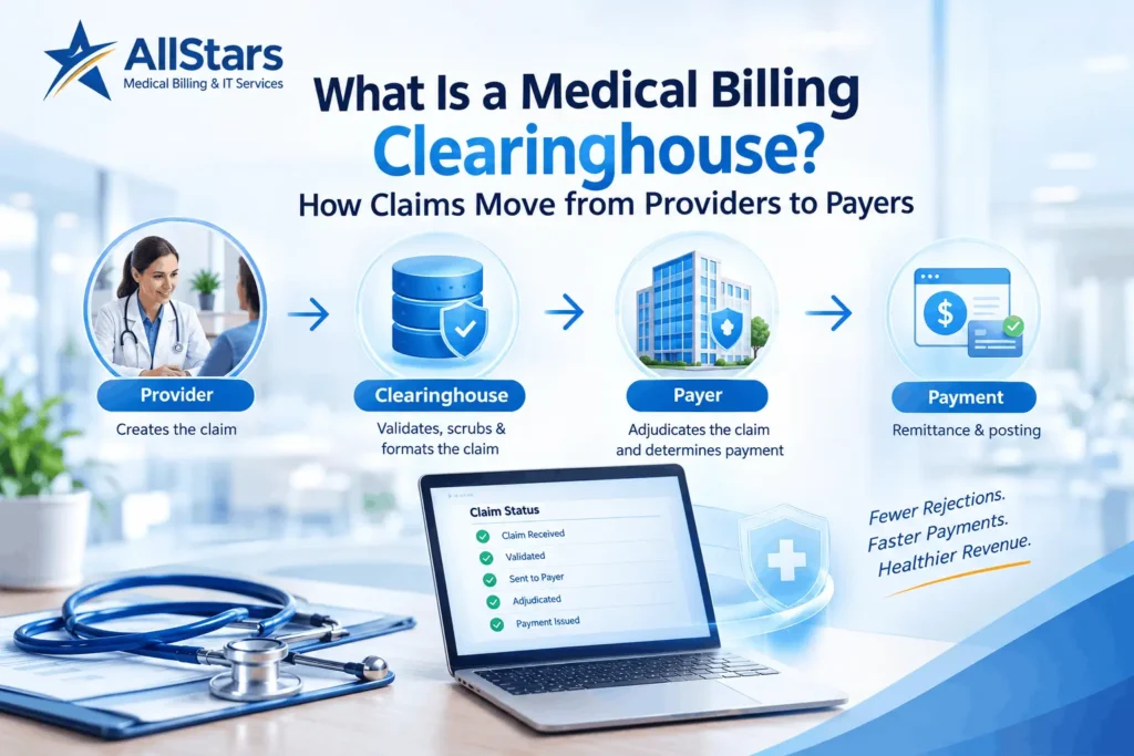 Medical billing clearinghouse connecting healthcare providers with insurance payers through electronic claim submission.