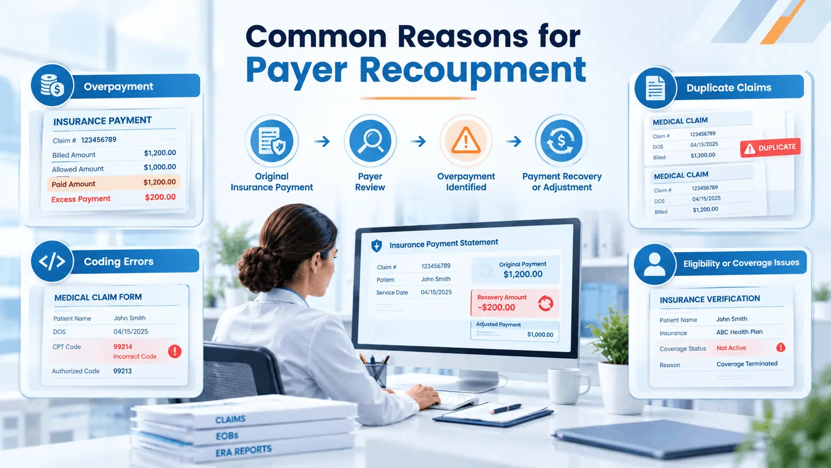 Payer recoupment in medical billing showing insurance payment recovery and claim adjustments.